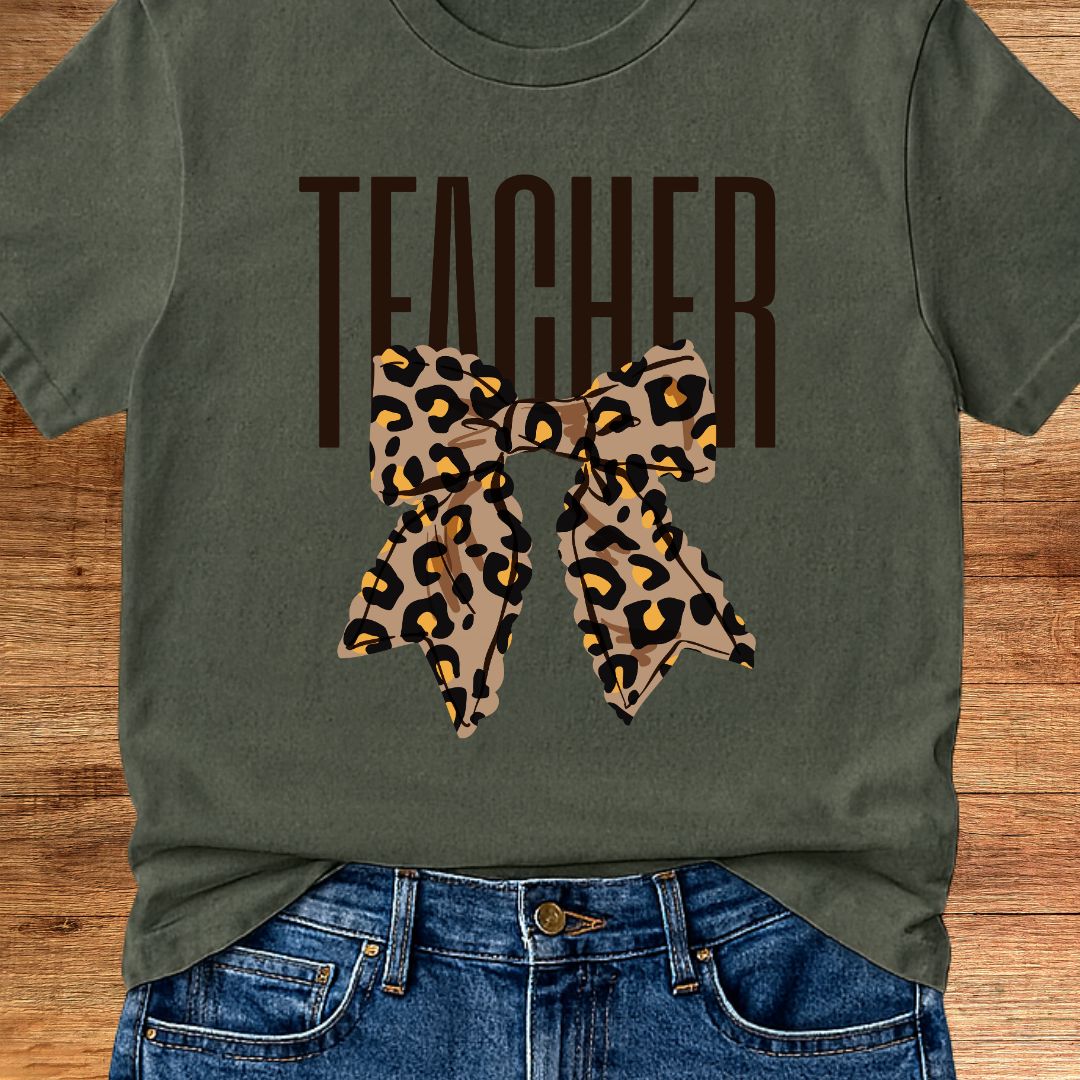 Animal Print Bow Teacher T-Shirt - teachngear