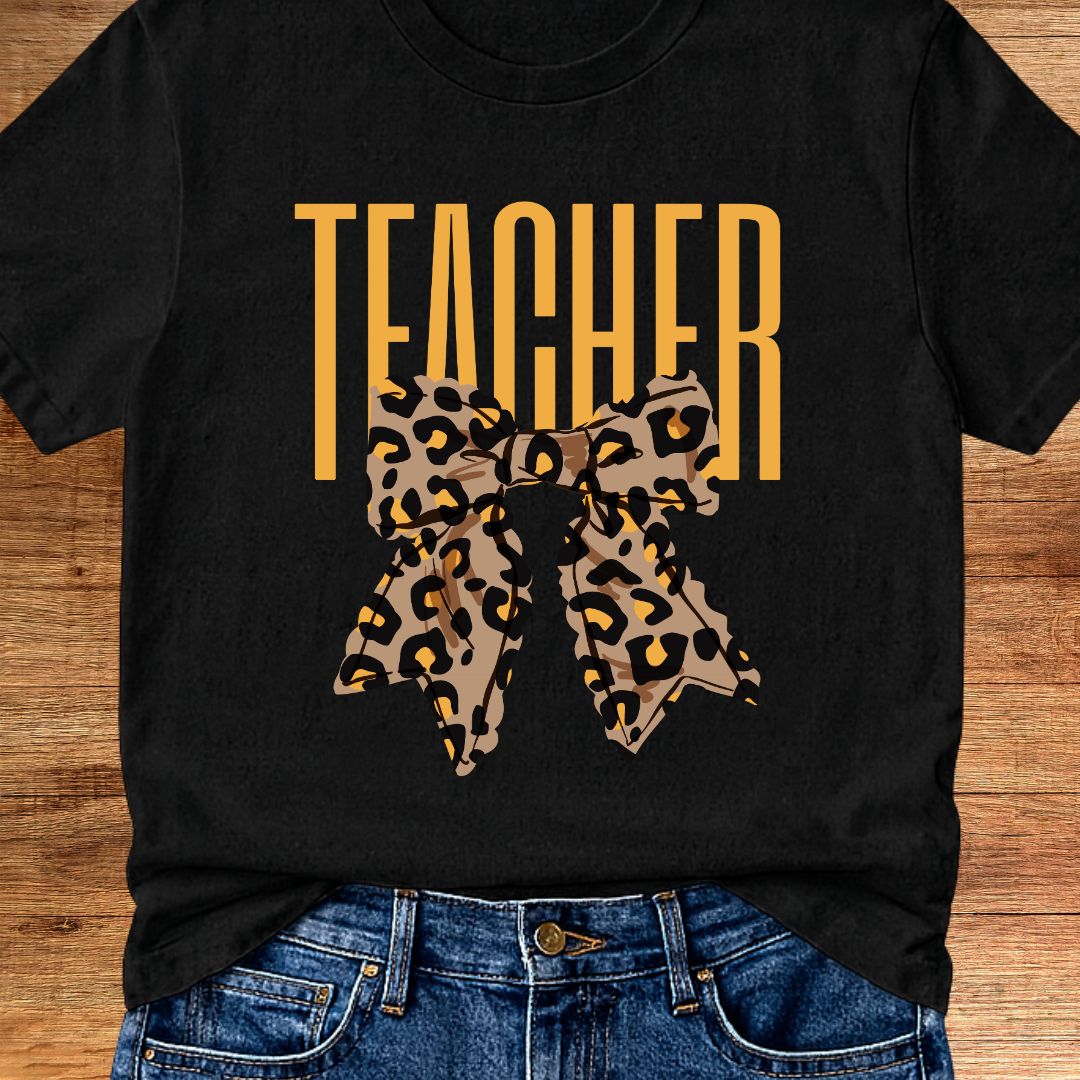 Animal Print Bow Teacher T-Shirt - teachngear