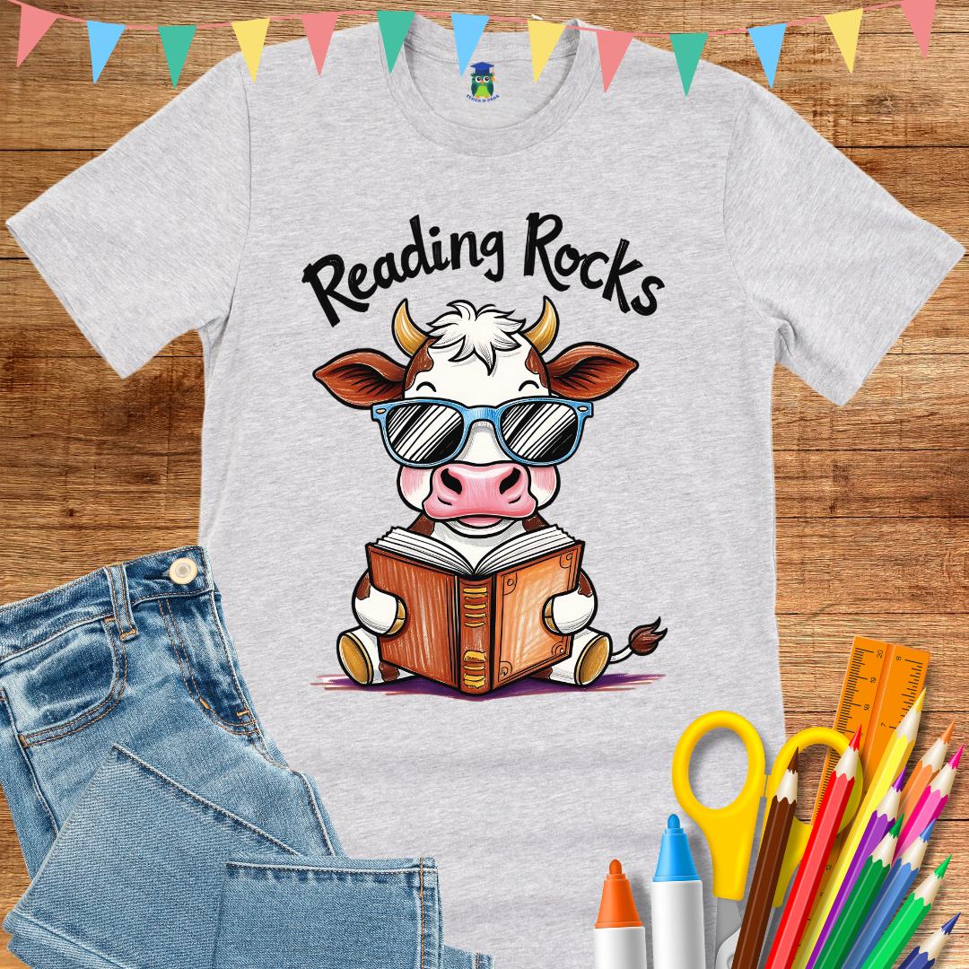 Cow Reading Rocks Teacher T-Shirt - teachngear