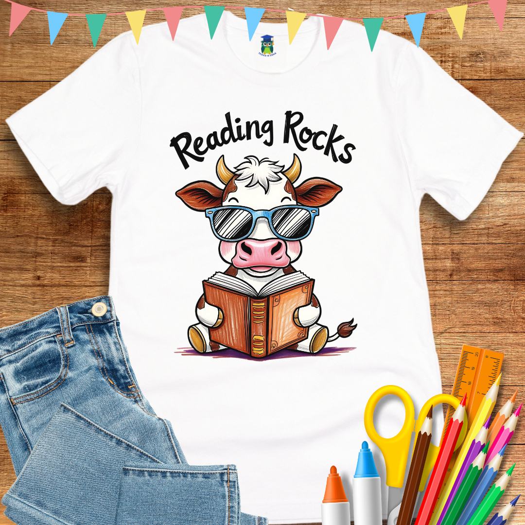 Cow Reading Rocks Teacher T-Shirt - teachngear