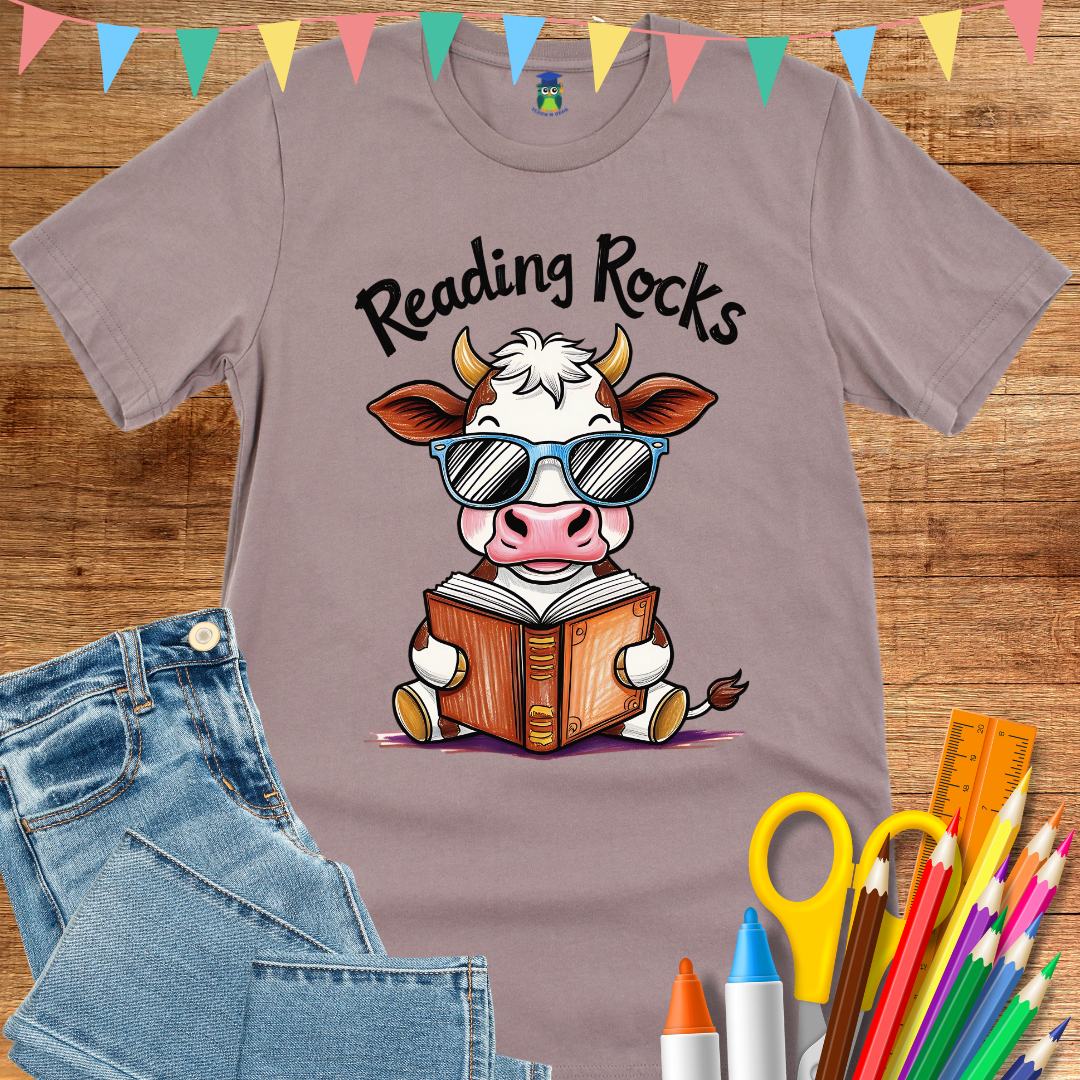 Cow Reading Rocks Teacher T-Shirt - teachngear