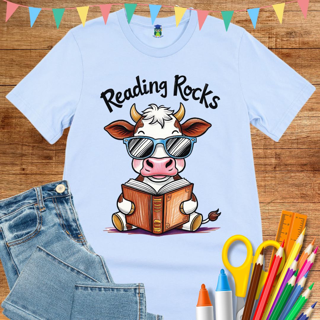 Cow Reading Rocks Teacher T-Shirt - teachngear