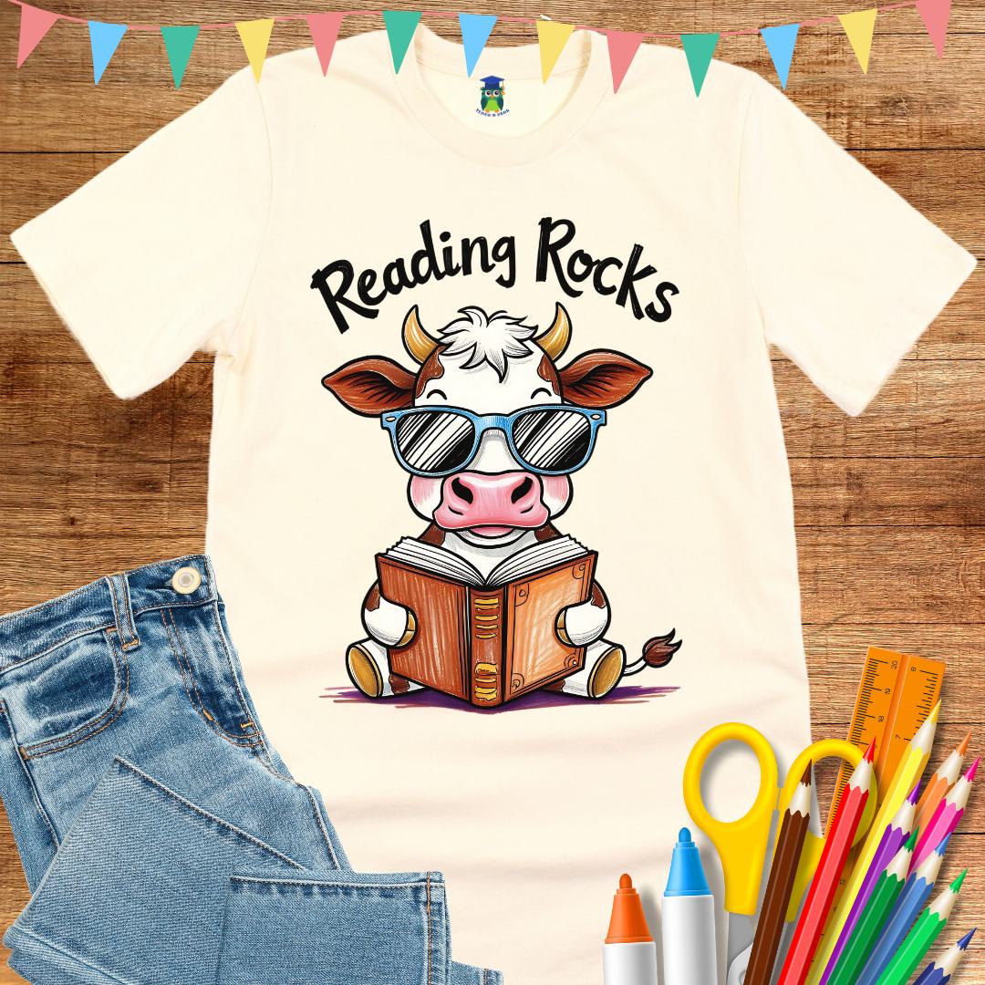 Cow Reading Rocks Teacher T-Shirt - teachngear