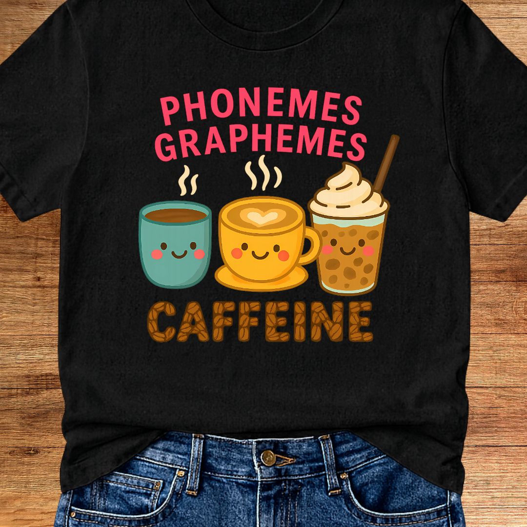 Phonemes, Graphemes, Caffeine Teacher T-Shirt - teachngear