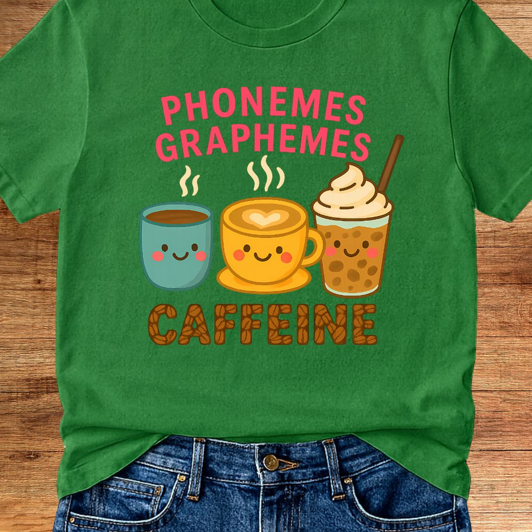 Phonemes, Graphemes, Caffeine Teacher T-Shirt - teachngear