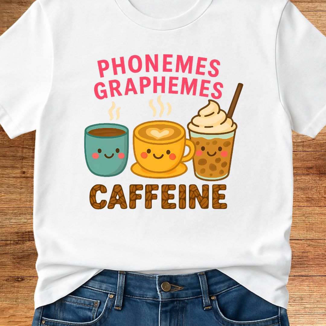 Phonemes, Graphemes, Caffeine Teacher T-Shirt - teachngear