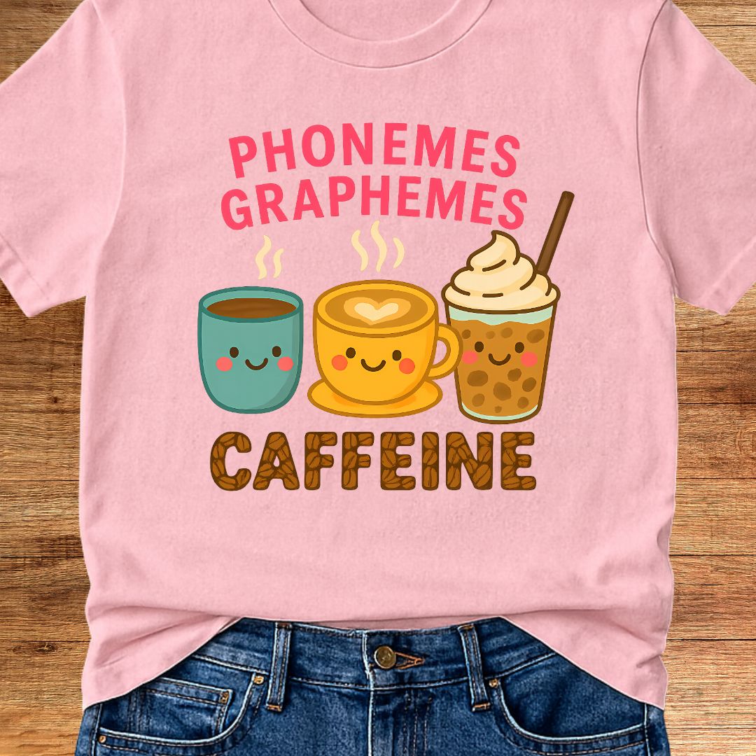 Phonemes, Graphemes, Caffeine Teacher T-Shirt - teachngear
