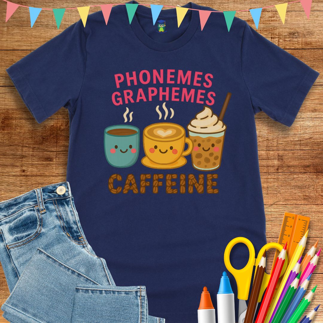 Phonemes, Graphemes, Caffeine Teacher T-Shirt - teachngear