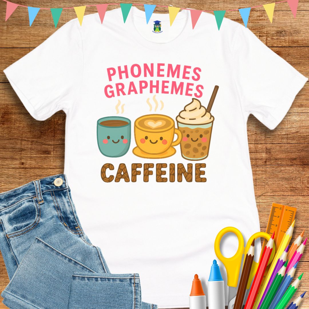 Phonemes, Graphemes, Caffeine Teacher T-Shirt - teachngear