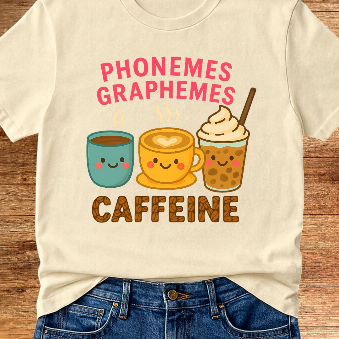 Phonemes, Graphemes, Caffeine Teacher T-Shirt - teachngear