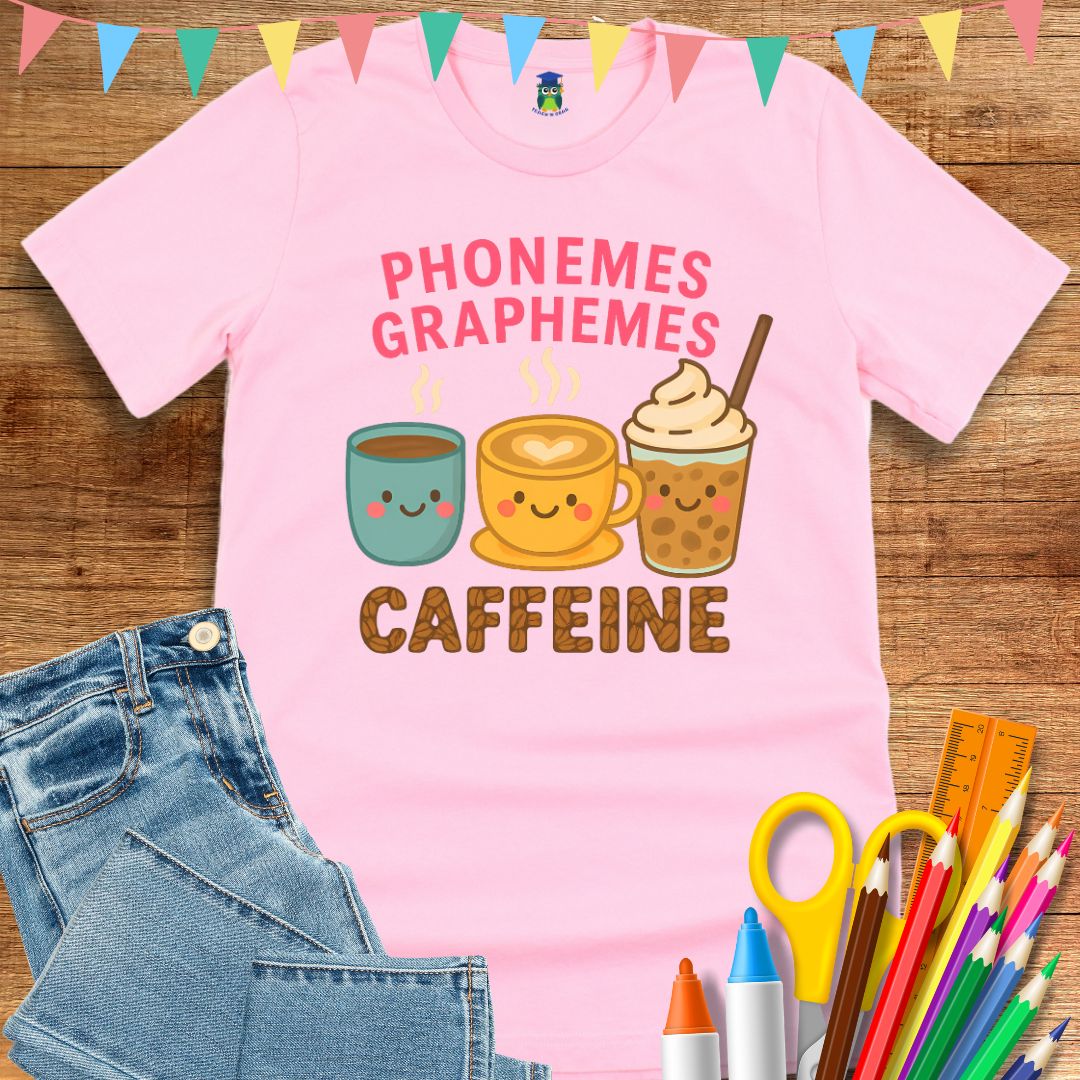 Phonemes, Graphemes, Caffeine Teacher T-Shirt - teachngear