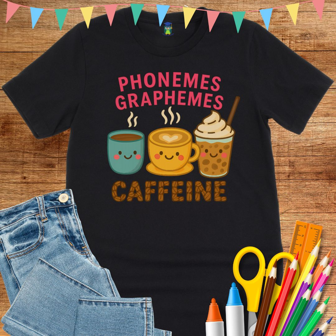 Phonemes, Graphemes, Caffeine Teacher T-Shirt - teachngear