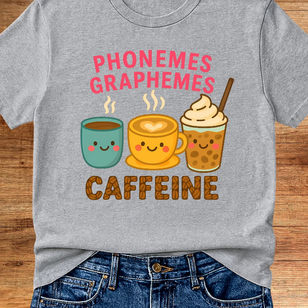 Phonemes, Graphemes, Caffeine Teacher T-Shirt - teachngear