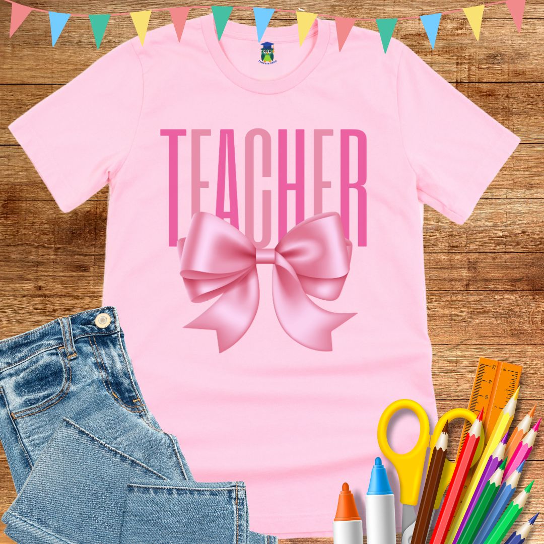 Pink Bow Teacher T-Shirt - teachngear