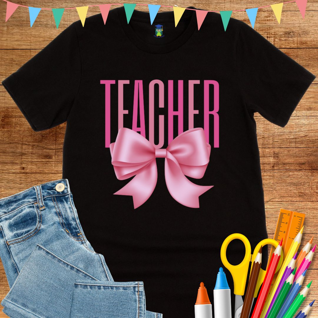 Pink Bow Teacher T-Shirt - teachngear
