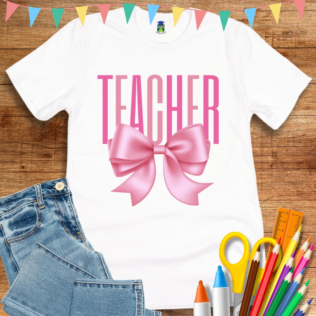 Pink Bow Teacher T-Shirt - teachngear