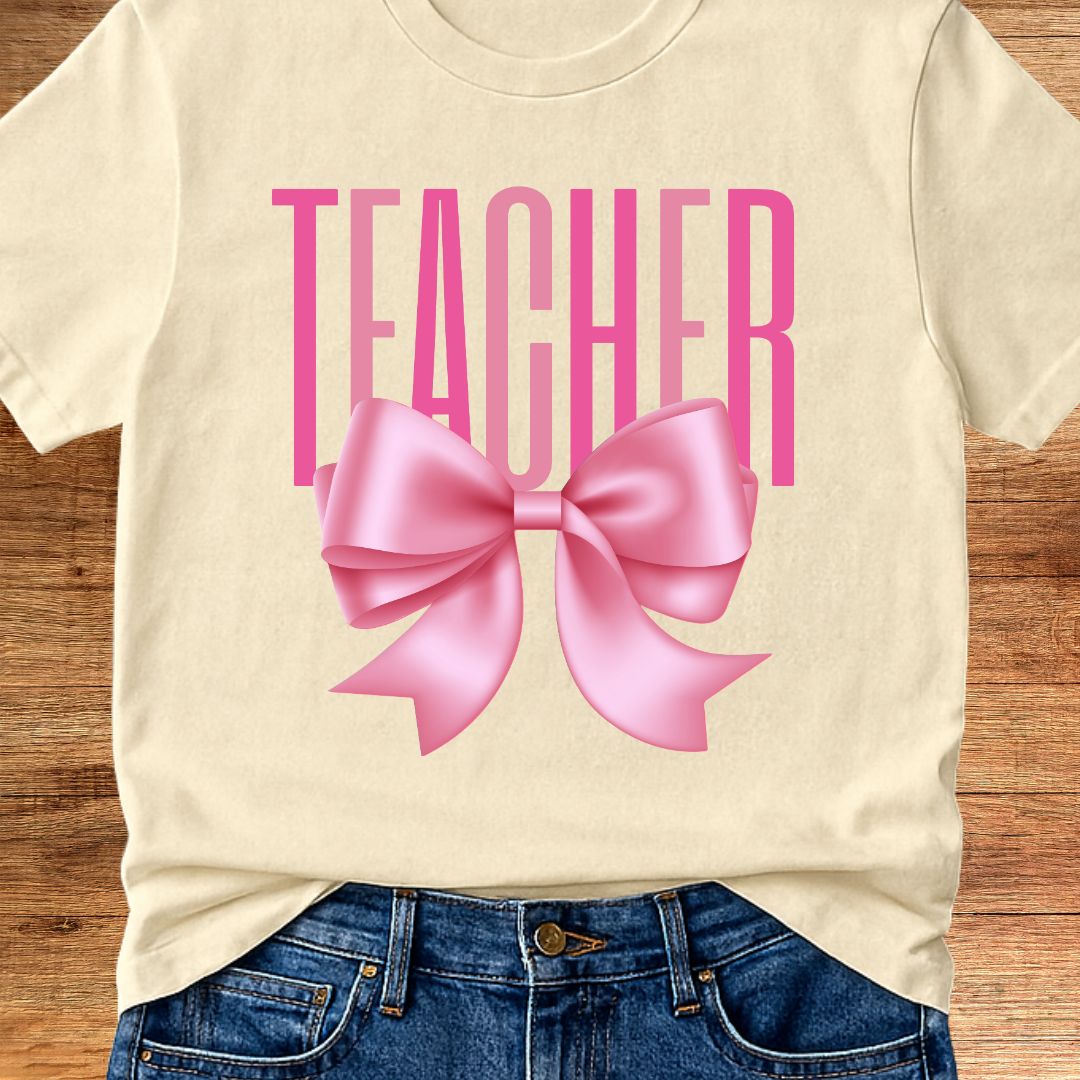 Pink Bow Teacher T-Shirt - teachngear