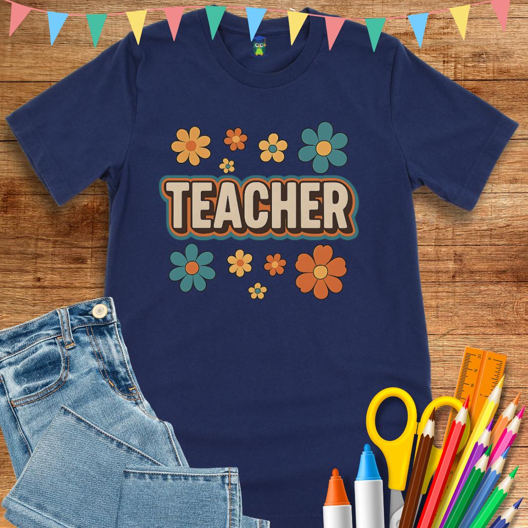 Retro Teacher with Flowers Teacher T-Shirt - teachngear