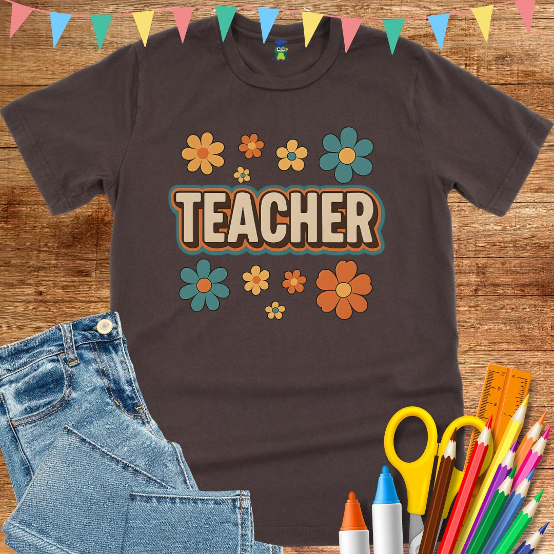 Retro Teacher with Flowers Teacher T-Shirt - teachngear