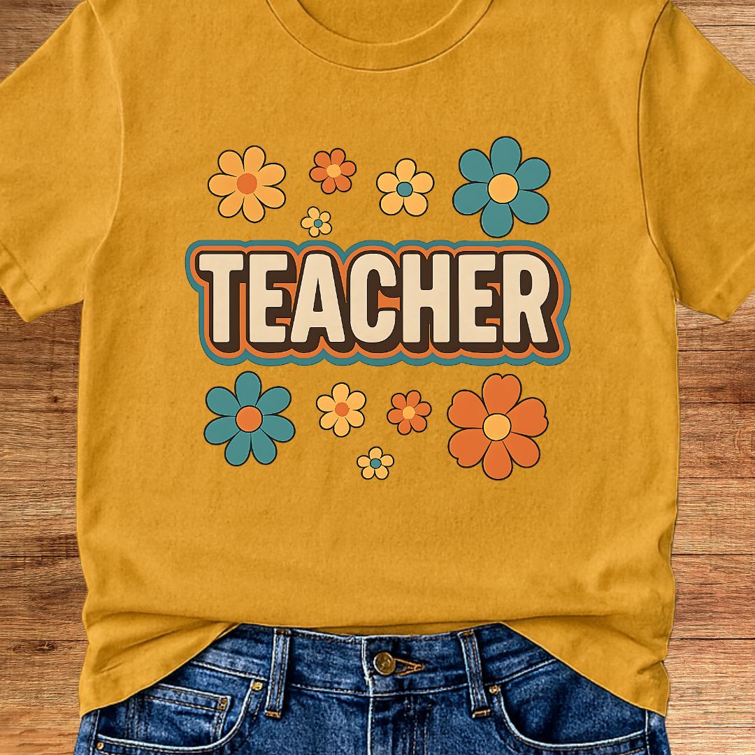 Retro Teacher with Flowers Teacher T-Shirt - teachngear