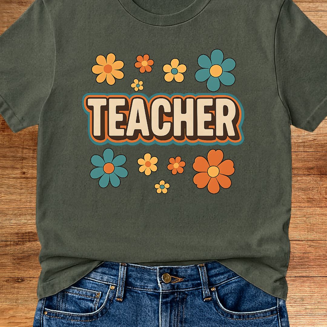 Retro Teacher with Flowers Teacher T-Shirt - teachngear