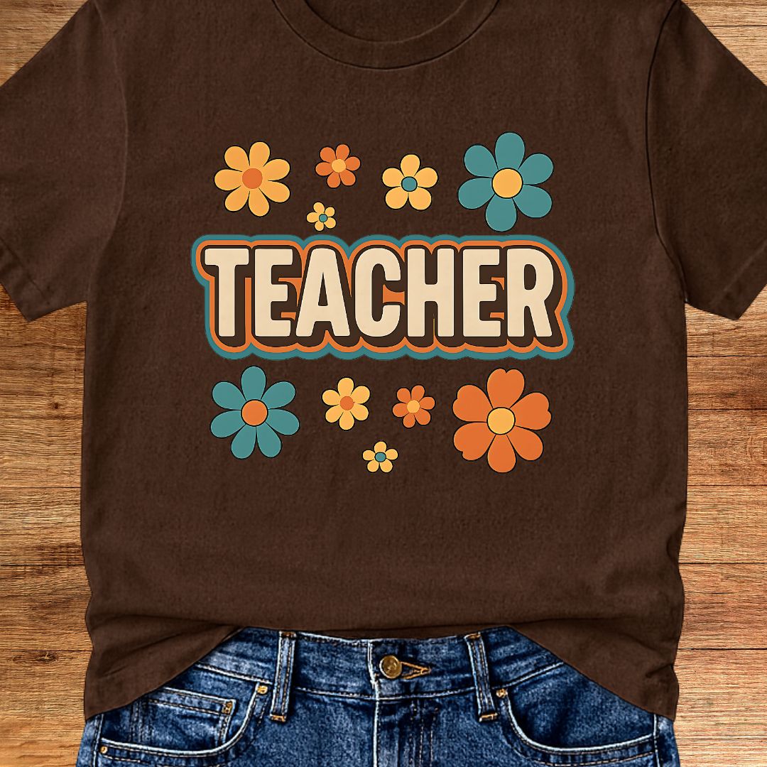 Retro Teacher with Flowers Teacher T-Shirt - teachngear