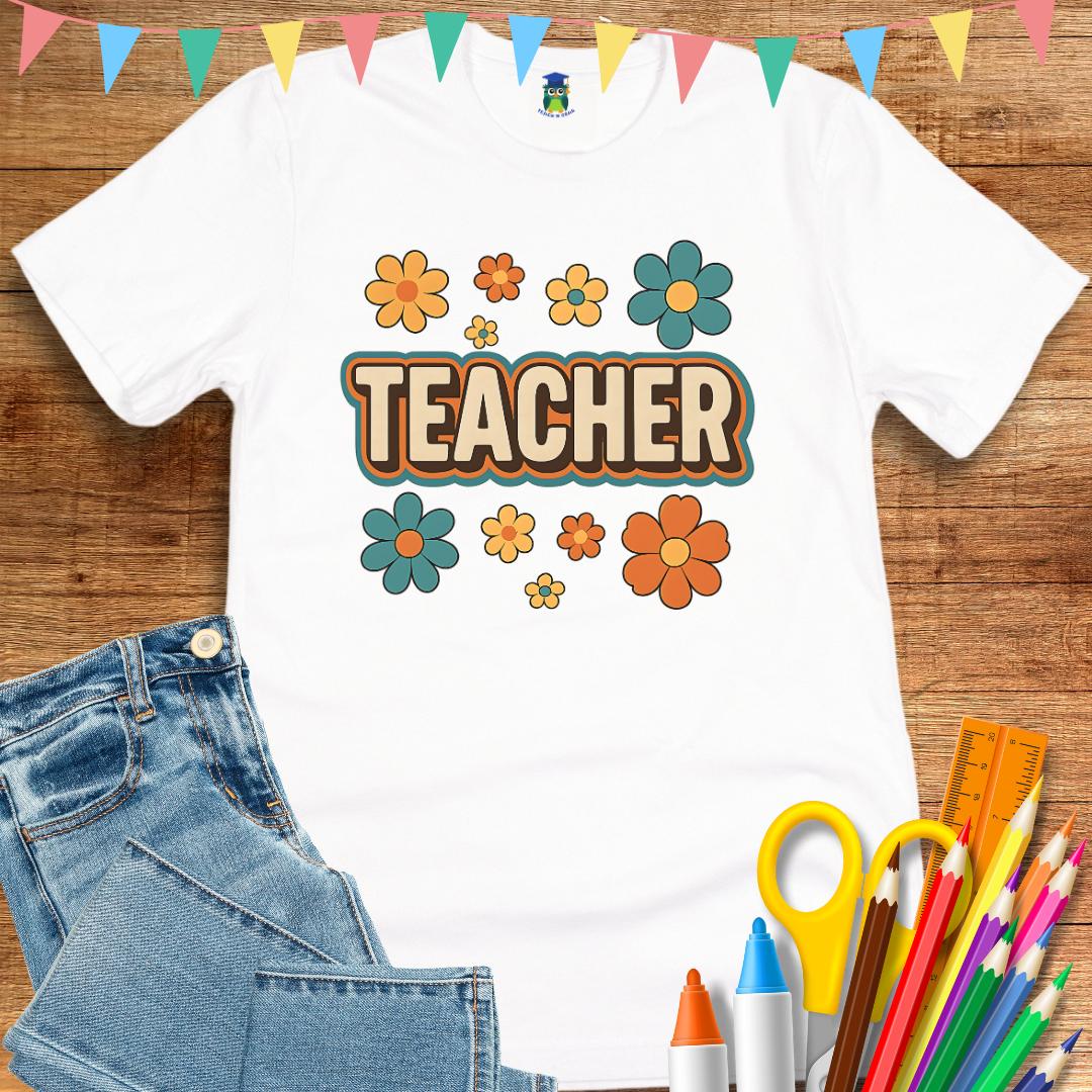 Retro Teacher with Flowers Teacher T-Shirt - teachngear