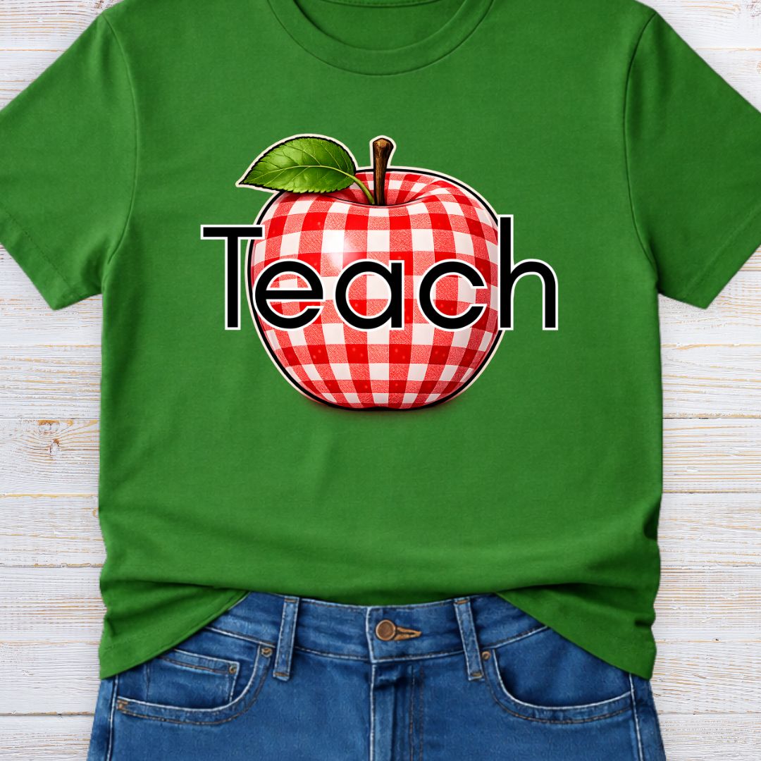 Teach Gingham Apple Teacher T-Shirt - teachngear