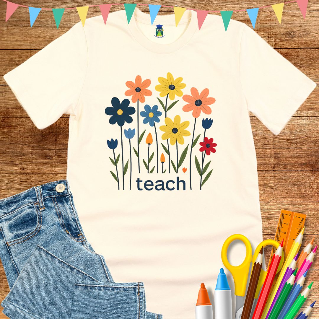 Teach Minimal Flowers Teacher T-Shirt - teachngear