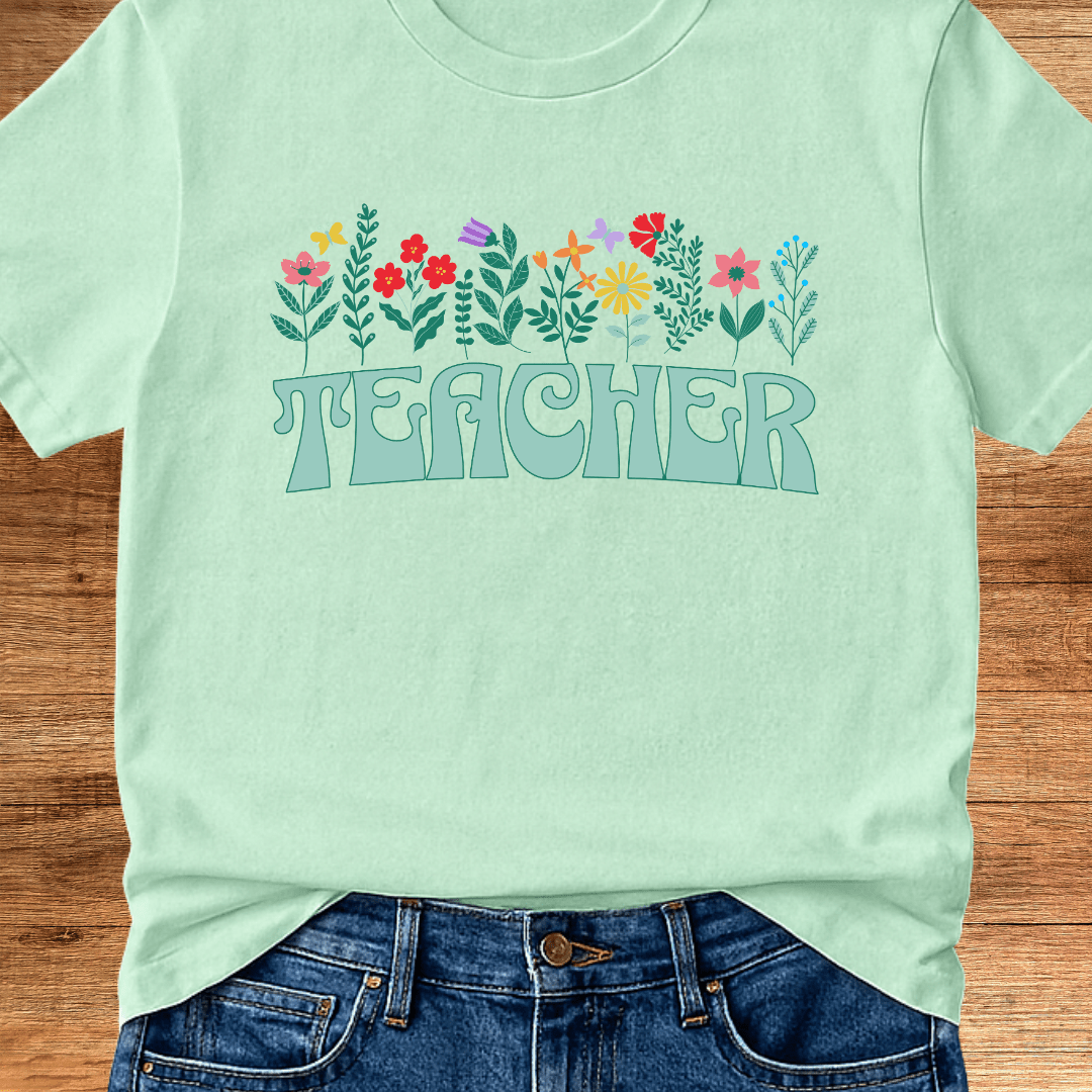 Teacher with Flowers Teacher T-Shirt - teachngear