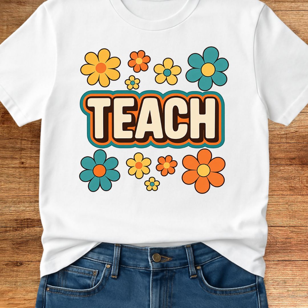 Teach Retro with Flowers Teacher T-Shirt