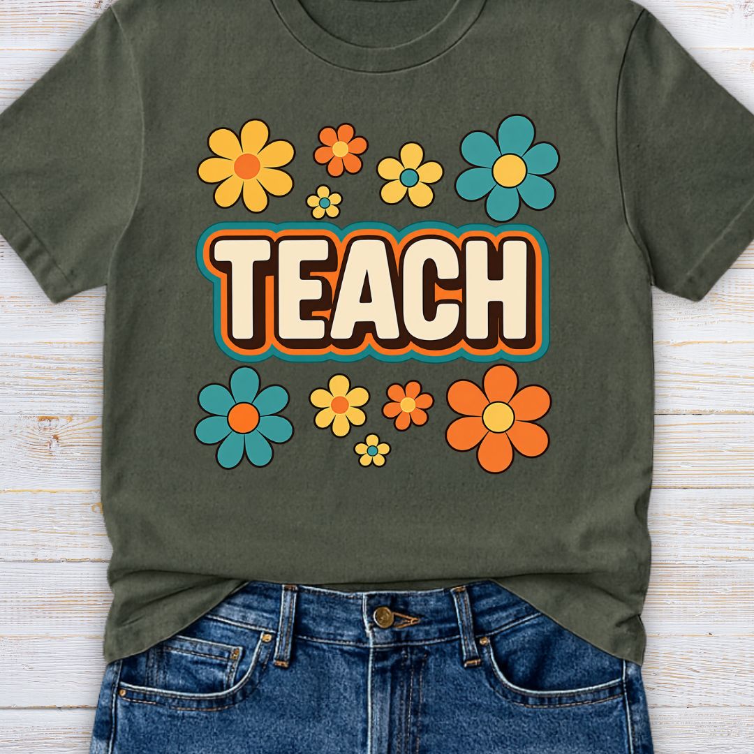 Teach Retro with Flowers Teacher T-Shirt