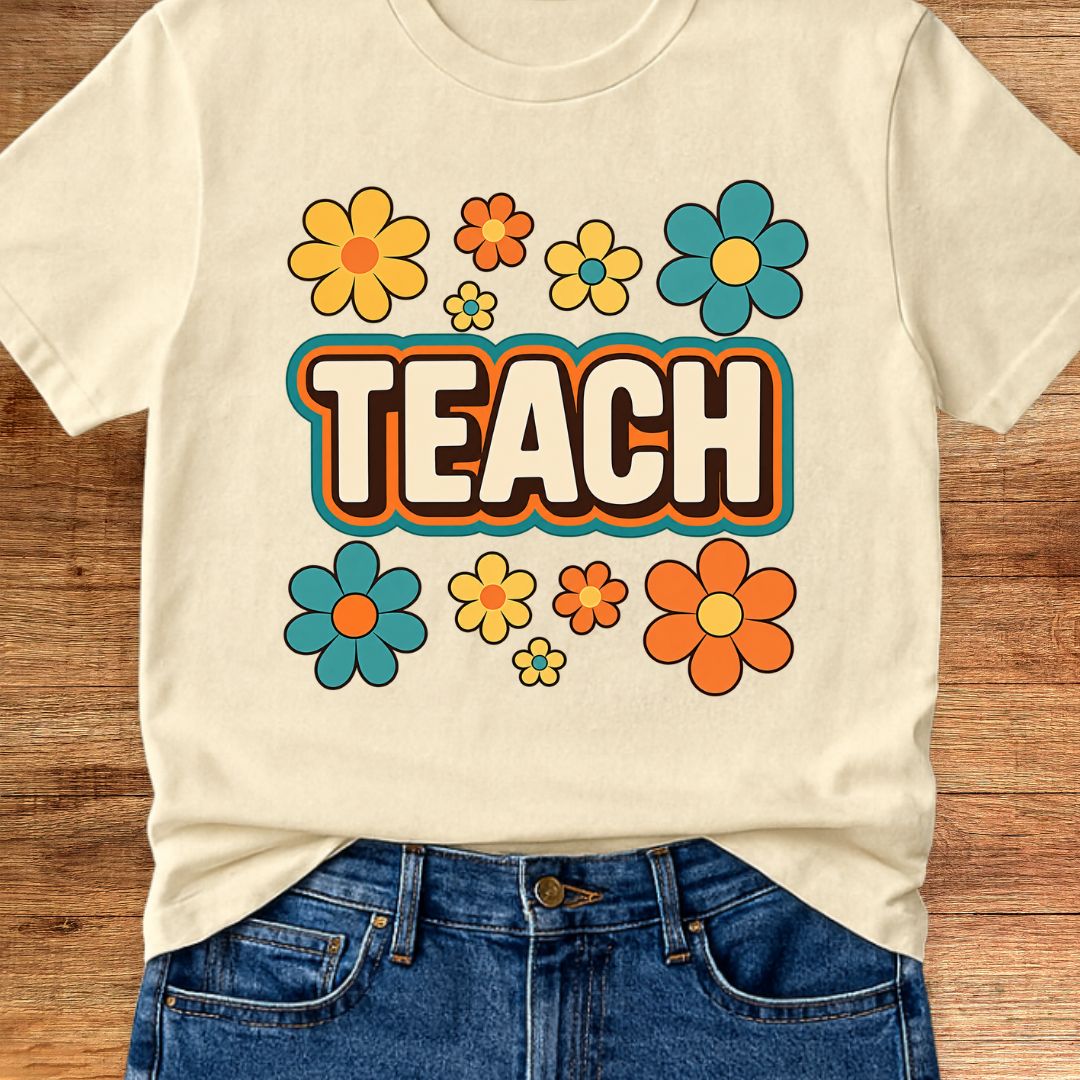 Teach Retro with Flowers Teacher T-Shirt
