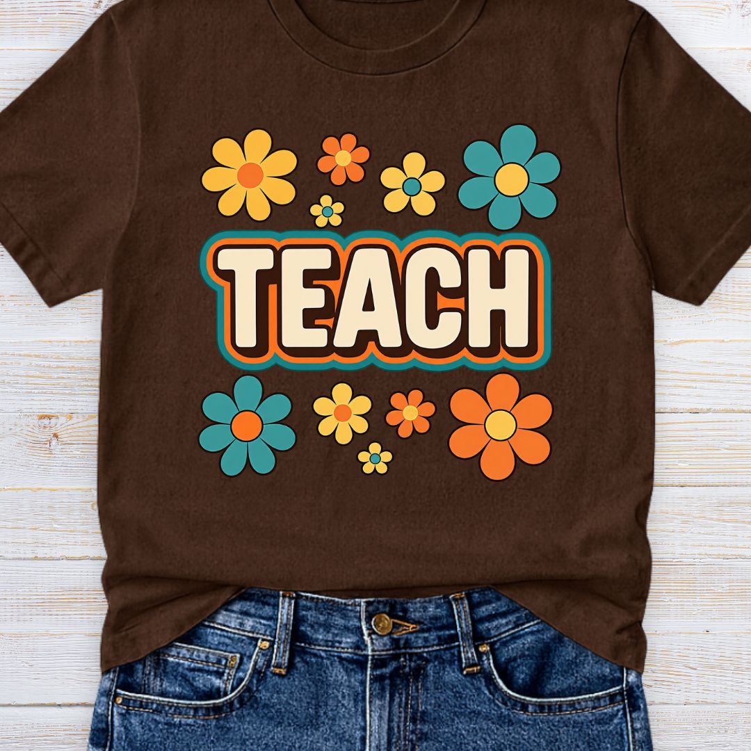 Teach Retro with Flowers Teacher T-Shirt