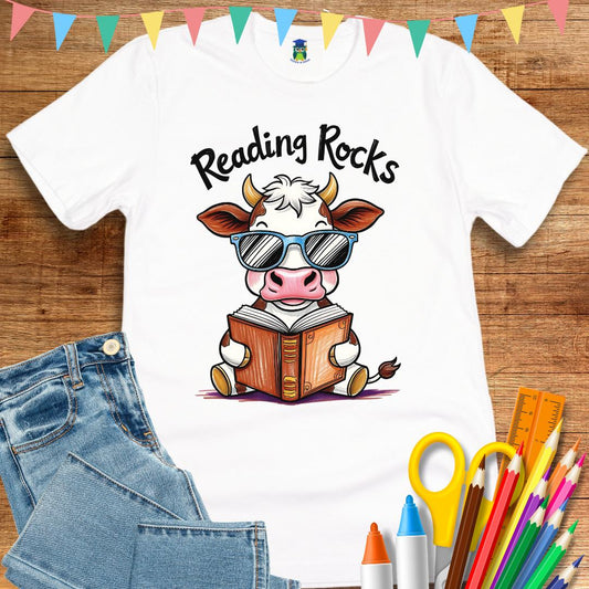 Cow Reading Rocks Teacher T-Shirt - teachngear
