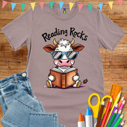 Cow Reading Rocks Teacher T-Shirt - teachngear