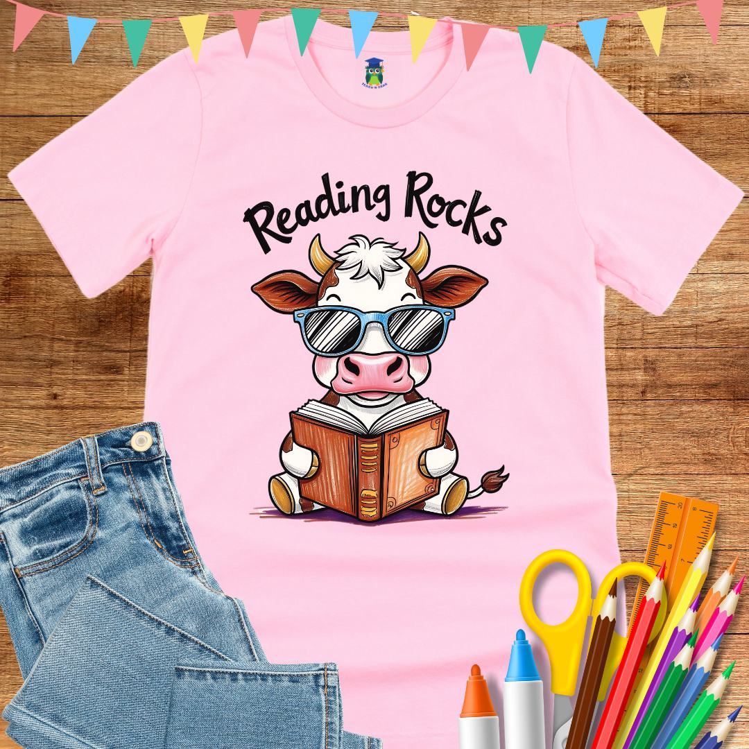 Cow Reading Rocks Teacher T-Shirt - teachngear
