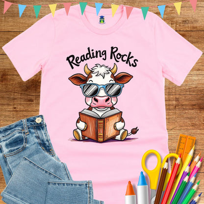 Cow Reading Rocks Teacher T-Shirt - teachngear
