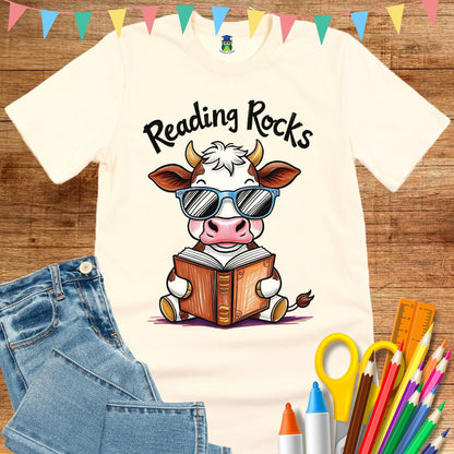 Cow Reading Rocks Teacher T-Shirt - teachngear