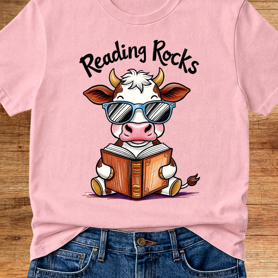 Cow Reading Rocks Teacher T-Shirt - teachngear