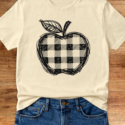 Gingham Apple Line Drawing Teacher T-Shirt - teachngear