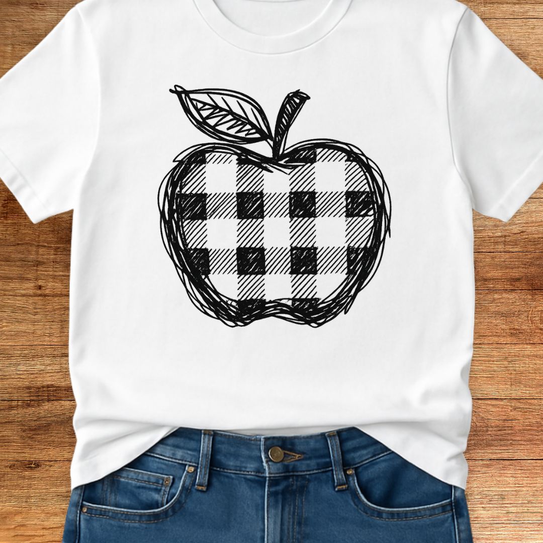 Gingham Apple Line Drawing Teacher T-Shirt - teachngear