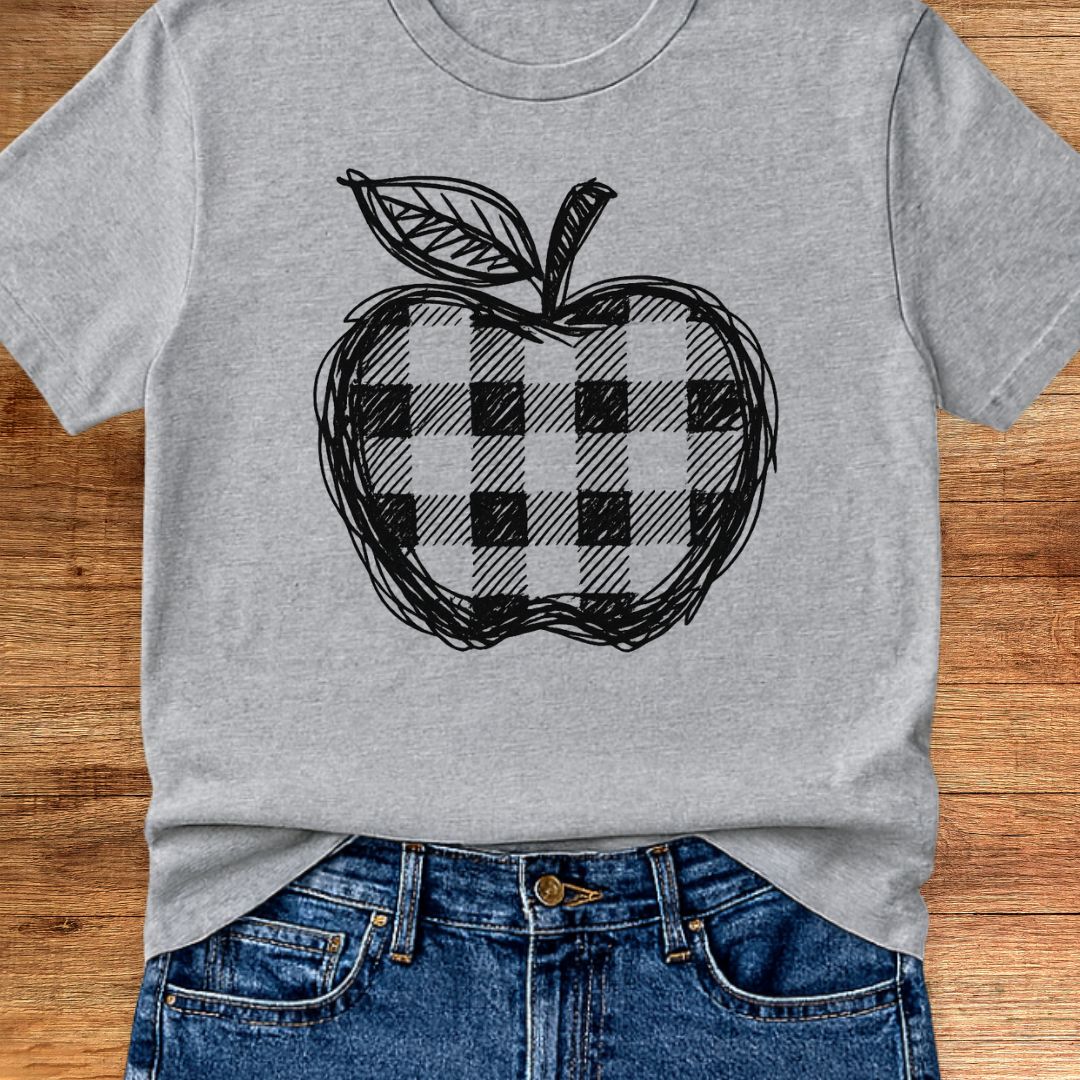 Gingham Apple Line Drawing Teacher T-Shirt - teachngear