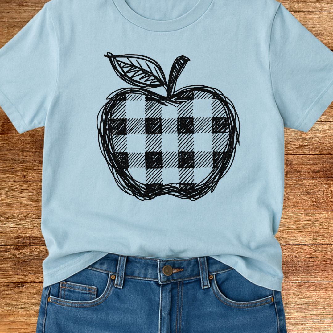 Gingham Apple Line Drawing Teacher T-Shirt - teachngear