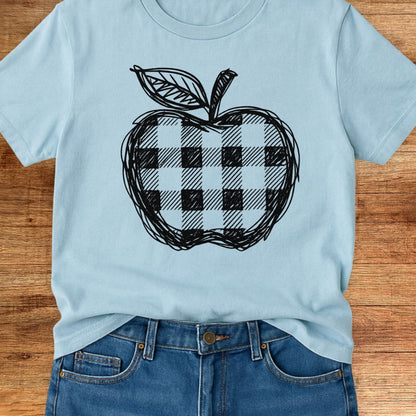 Gingham Apple Line Drawing Teacher T-Shirt - teachngear