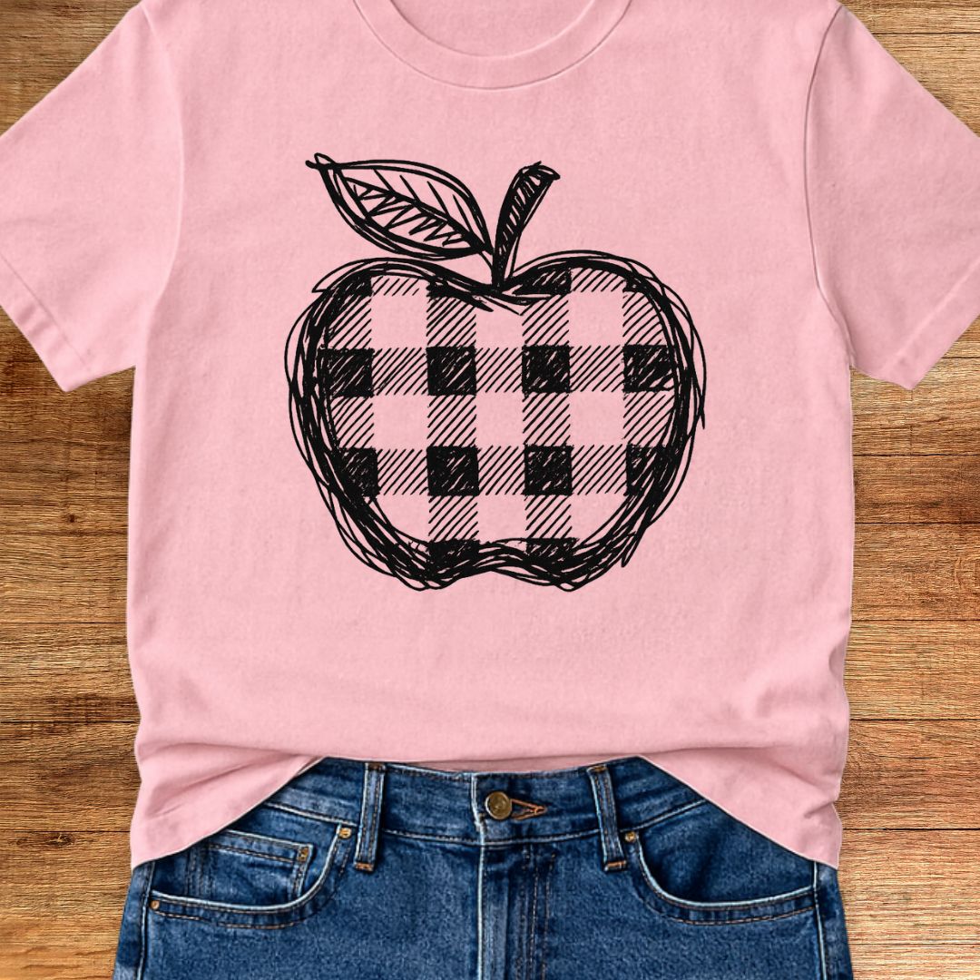 Gingham Apple Line Drawing Teacher T-Shirt - teachngear
