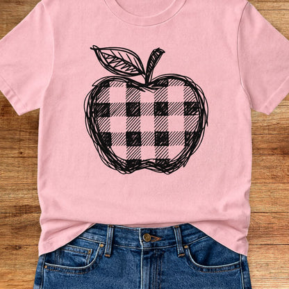 Gingham Apple Line Drawing Teacher T-Shirt - teachngear