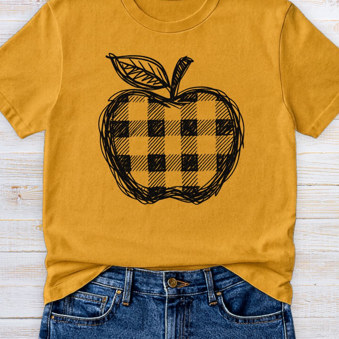 Gingham Apple Line Drawing Teacher T-Shirt - teachngear