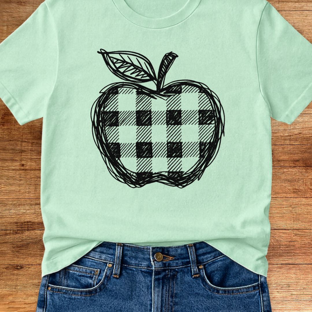 Gingham Apple Line Drawing Teacher T-Shirt - teachngear