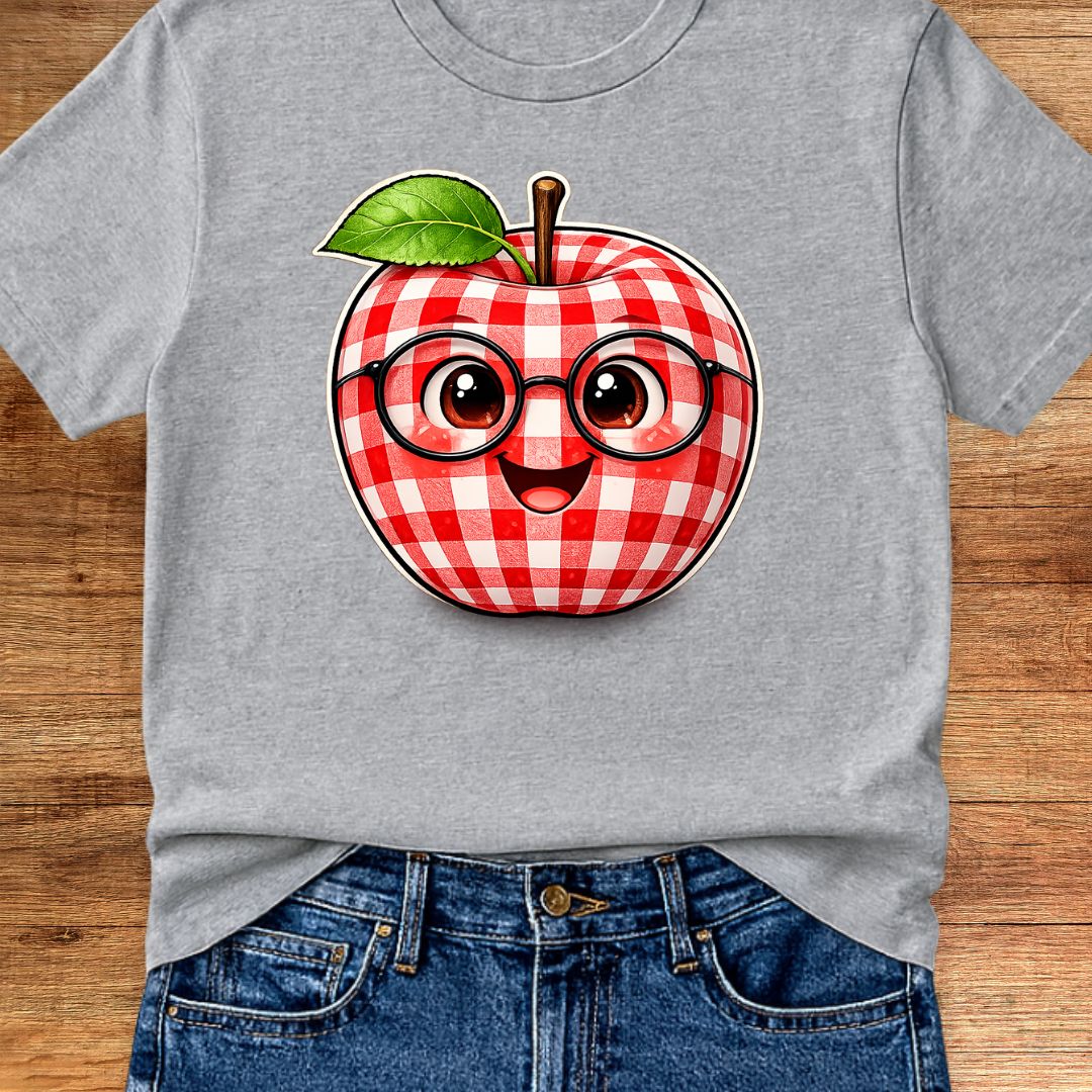 Gingham Apple with Glasses Teacher T-Shirt - teachngear